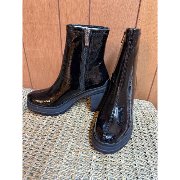 D’amelio Womens 8.5 Black Faux Patent Leather Chunky Chelsea Boots Zipper Grunge - Picture 1 of 9